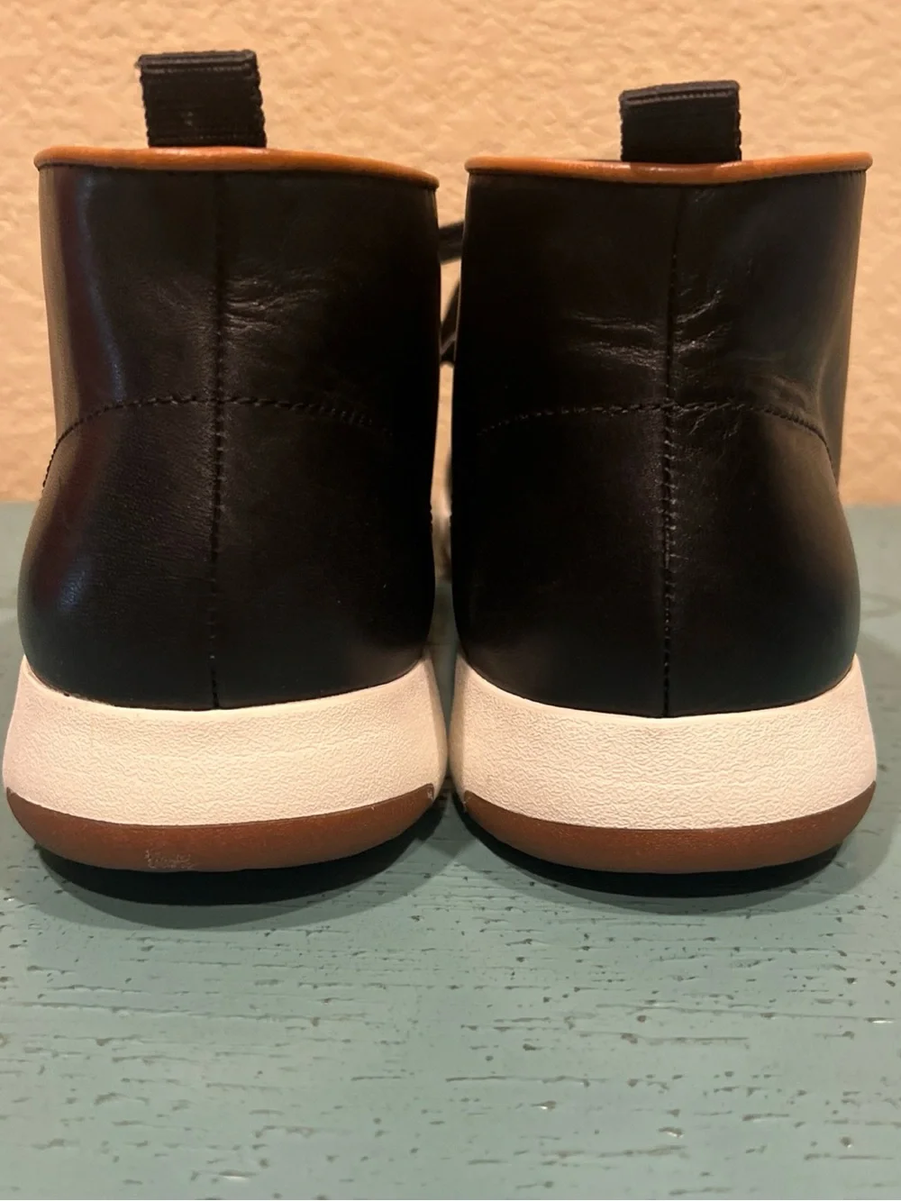 Cole Haan Black Leather Chukka Boots with White Sole and Tan Trim